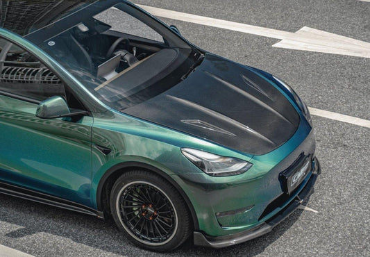 Tesla Model Y Performance AWD Long Range RWD Standard 2020-ON with Aftermarket Parts - V2 Style Hood Bonnet Carbon Fiber / FRP from CMST Tuning