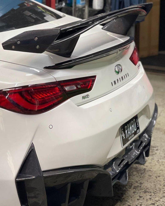 Infiniti Q60 Red Sport 400 Premium Luxe Sport Pure 2017-2022 with Aftermarket Parts - Project Black S Concept Style Rear Bumper & Diffuser Carbon Fiber / FRP from CMST Tuning