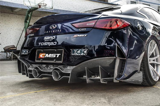 Infiniti Q60 Red Sport 400 Premium Luxe Sport Pure 2017-2022 with Aftermarket Parts - Project Black S Concept Style Rear Bumper & Diffuser Carbon Fiber / FRP from CMST Tuning