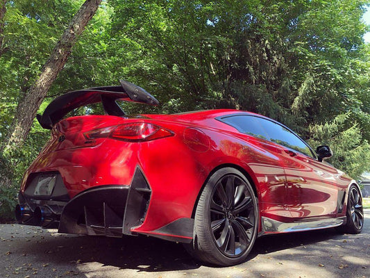 Infiniti Q60 Red Sport 400 Premium Luxe Sport Pure 2017-2022 with Aftermarket Parts - Project Black S Concept Style Rear Bumper & Diffuser Carbon Fiber / FRP from CMST Tuning