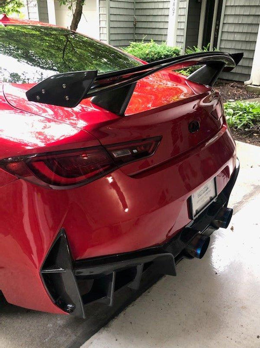 Infiniti Q60 Red Sport 400 Premium Luxe Sport Pure 2017-2022 with Aftermarket Parts - Project Black S Concept Style Rear Bumper & Diffuser Carbon Fiber / FRP from CMST Tuning