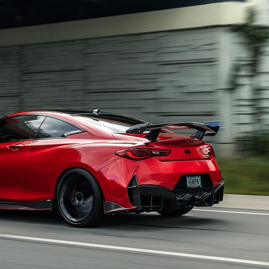 Infiniti Q60 Red Sport 400 Premium Luxe Sport Pure 2017-2022 with Aftermarket Parts - Project Black S Concept Style Rear Bumper & Diffuser Carbon Fiber / FRP from CMST Tuning