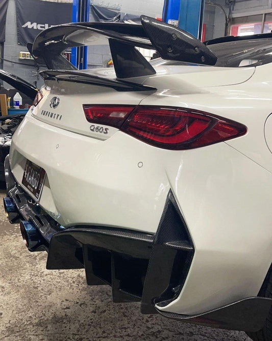 Infiniti Q60 Red Sport 400 Premium Luxe Sport Pure 2017-2022 with Aftermarket Parts - Project Black S Concept Style Rear Bumper & Diffuser Carbon Fiber / FRP from CMST Tuning