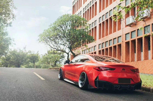 Infiniti Q60 Red Sport 400 Premium Luxe Sport Pure 2017-2022 with Aftermarket Parts - Project Black S Concept Style Rear Bumper & Diffuser Carbon Fiber / FRP from CMST Tuning