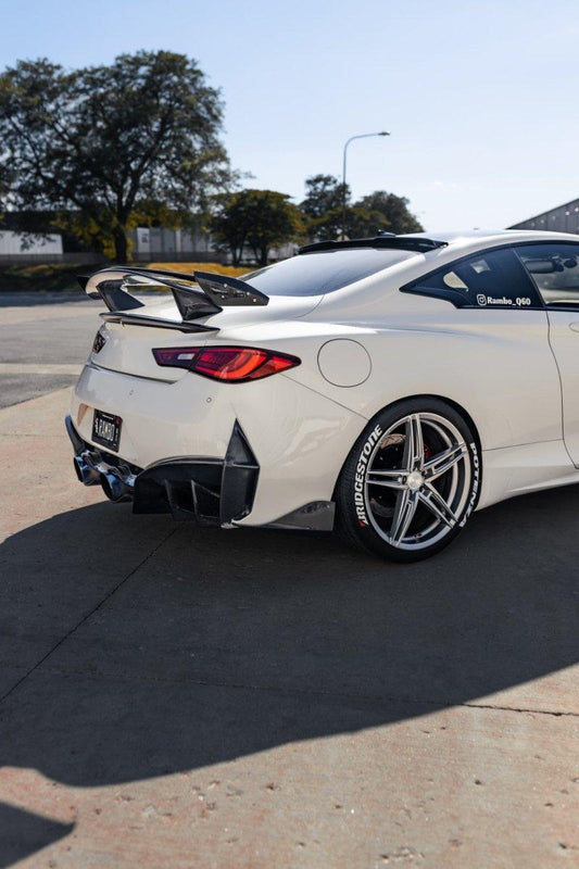 Infiniti Q60 Red Sport 400 Premium Luxe Sport Pure 2017-2022 with Aftermarket Parts - Project Black S Concept Style Rear Bumper & Diffuser Carbon Fiber / FRP from CMST Tuning