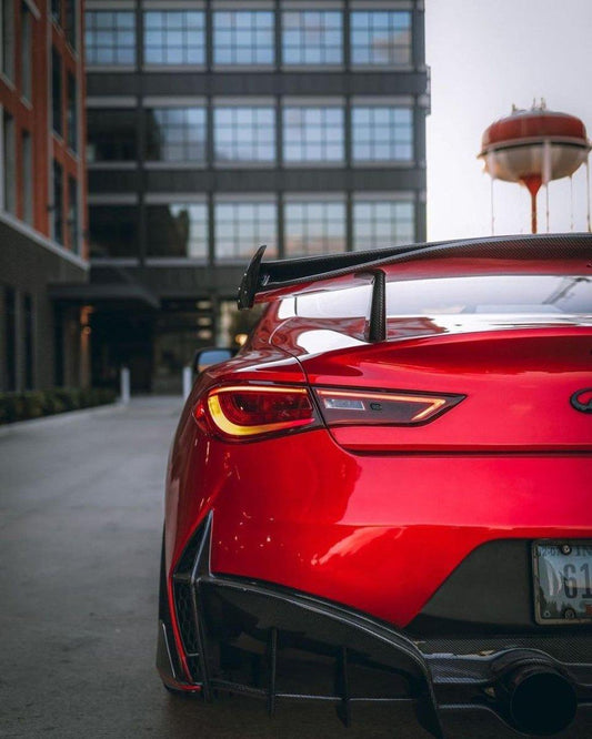 Infiniti Q60 Red Sport 400 Premium Luxe Sport Pure 2017-2022 with Aftermarket Parts - Project Black S Concept Style Rear Bumper & Diffuser Carbon Fiber / FRP from CMST Tuning