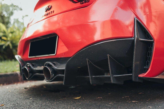 Infiniti Q60 Red Sport 400 Premium Luxe Sport Pure 2017-2022 with Aftermarket Parts - Project Black S Concept Style Rear Bumper & Diffuser Carbon Fiber / FRP from CMST Tuning