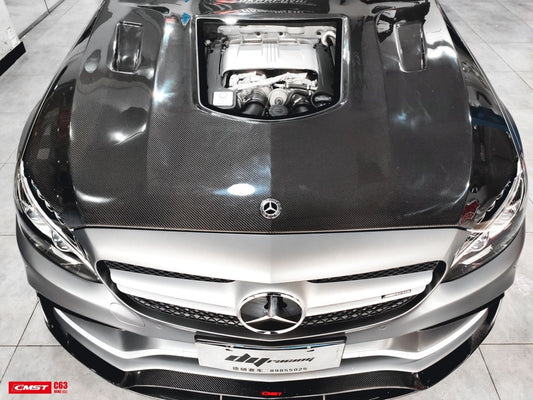 Mercedes Benz C63/C63S AMG W205 with Aftermarket Parts - Carbon Fiber FRP Hood Bonnet from CMST Tuning