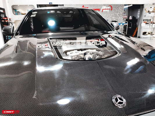 Mercedes Benz C63/C63S AMG W205 with Aftermarket Parts - Carbon Fiber FRP Hood Bonnet from CMST Tuning