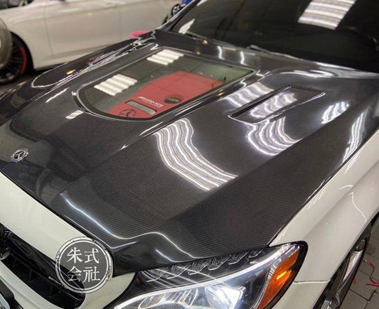 Mercedes Benz C-Class C43 C400 C300 W205 2015-2021 Sedan & C-Class C43 C300 W205 2016-2022 Coupe Convertible (suitable for both pre-facelift and facelift) with Aftermarket Parts - V1 Style Carbon Fiber / FRP Hood from CMST Tuning