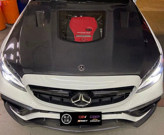 Mercedes Benz C-Class C43 C400 C300 W205 2015-2021 Sedan & C-Class C43 C300 W205 2016-2022 Coupe Convertible (suitable for both pre-facelift and facelift) with Aftermarket Parts - V1 Style Carbon Fiber / FRP Hood from CMST Tuning