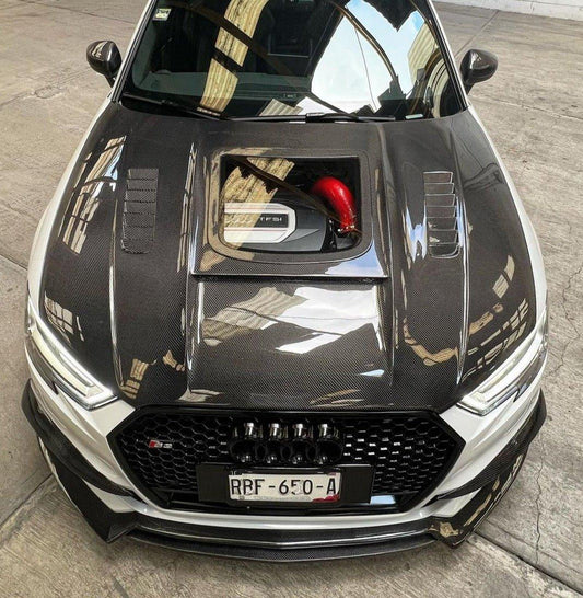 Audi RS3 S3 A3 8V / 8V.5 2014 2015 2016 2017 2018 2019 2020 with Aftermarket Parts - V3 Hood Bonnet Carbon Fiber / FRP from CMST Tuning