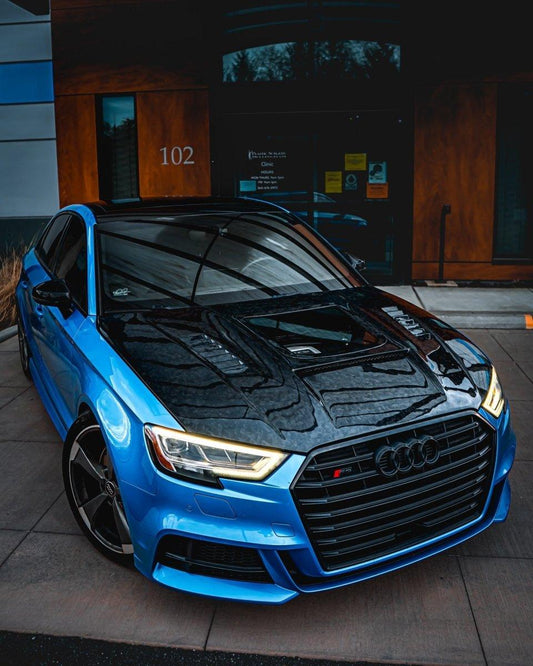 Audi RS3 S3 A3 8V / 8V.5 2014 2015 2016 2017 2018 2019 2020 with Aftermarket Parts - V3 Hood Bonnet Carbon Fiber / FRP from CMST Tuning