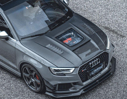 Audi RS3 S3 A3 8V / 8V.5 2014 2015 2016 2017 2018 2019 2020 with Aftermarket Parts - V3 Hood Bonnet Carbon Fiber / FRP from CMST Tuning