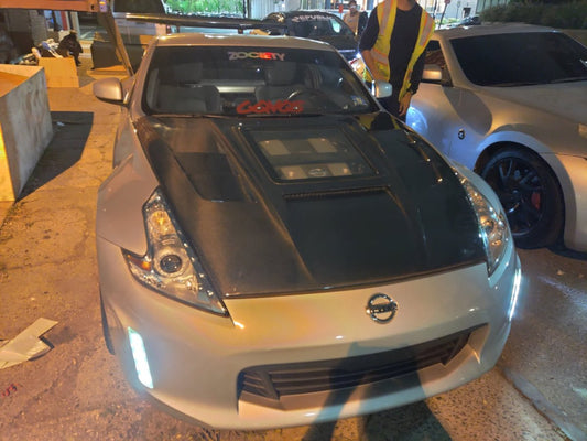 Nissan 370Z Nismo Sport Touring Base Fairlady Z Z34 2009-2020 with Aftermarket Parts - V1 Glass Clearview Style Hood Bonnet Carbon Fiber / FRP from CMST Tuning