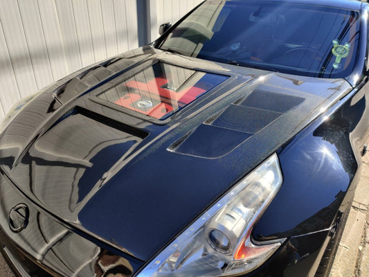 Nissan 370Z Nismo Sport Touring Base Fairlady Z Z34 2009-2020 with Aftermarket Parts - V1 Glass Clearview Style Hood Bonnet Carbon Fiber / FRP from CMST Tuning