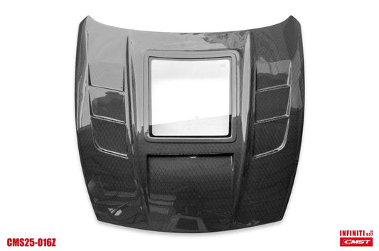 Nissan 370Z Nismo Sport Touring Base Fairlady Z Z34 2009-2020 with Aftermarket Parts - V1 Glass Clearview Style Hood Bonnet Carbon Fiber / FRP from CMST Tuning
