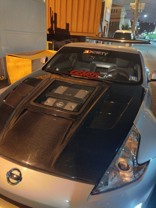 Nissan 370Z Nismo Sport Touring Base Fairlady Z Z34 2009-2020 with Aftermarket Parts - V1 Glass Clearview Style Hood Bonnet Carbon Fiber / FRP from CMST Tuning