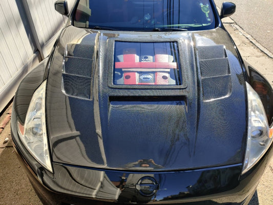 Nissan 370Z Nismo Sport Touring Base Fairlady Z Z34 2009-2020 with Aftermarket Parts - V1 Glass Clearview Style Hood Bonnet Carbon Fiber / FRP from CMST Tuning