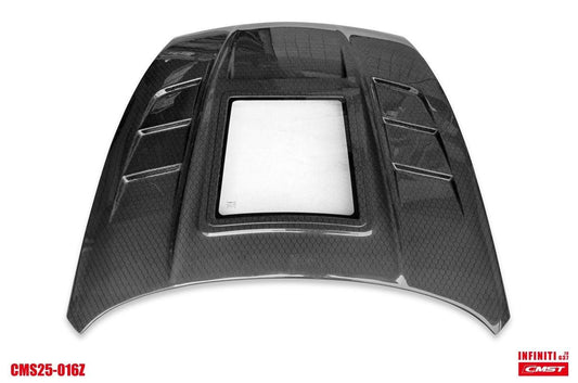 Nissan 370Z Nismo Sport Touring Base Fairlady Z Z34 2009-2020 with Aftermarket Parts - V1 Glass Clearview Style Hood Bonnet Carbon Fiber / FRP from CMST Tuning