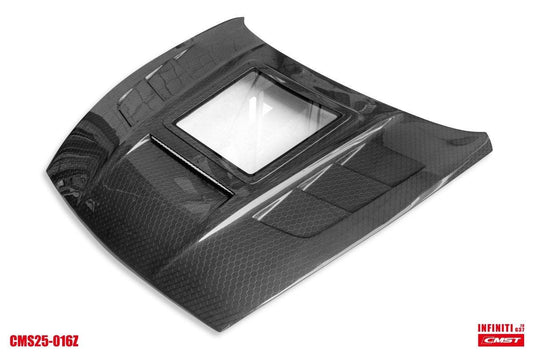 Nissan 370Z Nismo Sport Touring Base Fairlady Z Z34 2009-2020 with Aftermarket Parts - V1 Glass Clearview Style Hood Bonnet Carbon Fiber / FRP from CMST Tuning