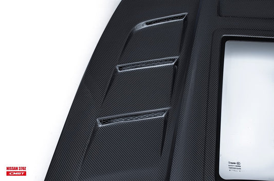Nissan 370Z Nismo Sport Touring Base Fairlady Z Z34 2009-2020 with Aftermarket Parts - V1 Glass Clearview Style Hood Bonnet Carbon Fiber / FRP from CMST Tuning