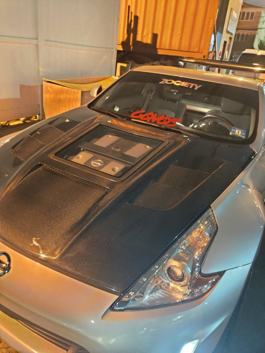 Nissan 370Z Nismo Sport Touring Base Fairlady Z Z34 2009-2020 with Aftermarket Parts - V1 Glass Clearview Style Hood Bonnet Carbon Fiber / FRP from CMST Tuning