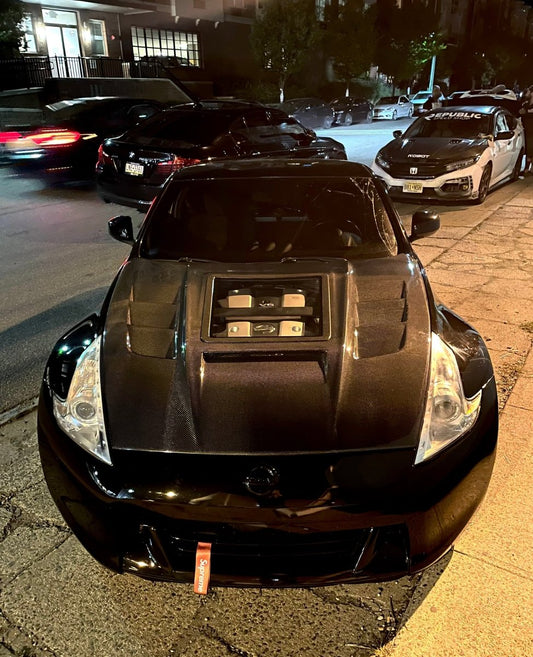 Nissan 370Z Nismo Sport Touring Base Fairlady Z Z34 2009-2020 with Aftermarket Parts - V1 Glass Clearview Style Hood Bonnet Carbon Fiber / FRP from CMST Tuning
