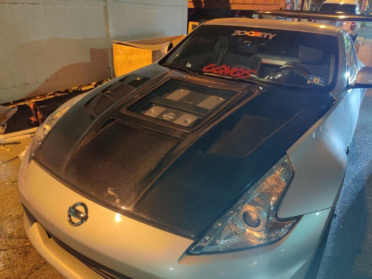 Nissan 370Z Nismo Sport Touring Base Fairlady Z Z34 2009-2020 with Aftermarket Parts - V1 Glass Clearview Style Hood Bonnet Carbon Fiber / FRP from CMST Tuning