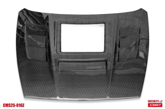 Nissan 370Z Nismo Sport Touring Base Fairlady Z Z34 2009-2020 with Aftermarket Parts - V1 Glass Clearview Style Hood Bonnet Carbon Fiber / FRP from CMST Tuning