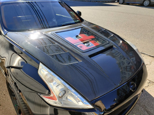 Nissan 370Z Nismo Sport Touring Base Fairlady Z Z34 2009-2020 with Aftermarket Parts - V1 Glass Clearview Style Hood Bonnet Carbon Fiber / FRP from CMST Tuning