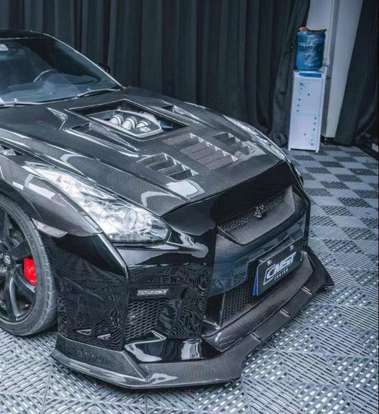 Nissan GTR Nismo Black Edition Track Eidtion Premium Base 2008-2016 (for installation on 2017-2024 vehicles, 2008-2016 hood is recommended) with Aftermarket Parts - Stage 2 Style Front Bumper & Lip (Undertray & DRL included) Carbon Fiber / FRP from CMST Tuning