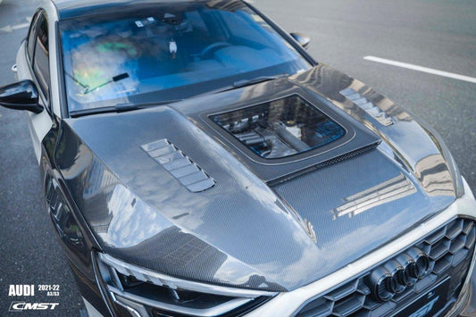 Audi RS3 S3 A3 8Y 2021-ON with Aftermarket Parts - V1 Tempered Glass Transparent Hood Bonnet Carbon Fiber / FRP from CMST Tuning
