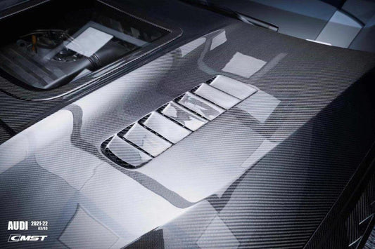 Audi RS3 S3 A3 8Y 2021-ON with Aftermarket Parts - V1 Tempered Glass Transparent Hood Bonnet Carbon Fiber / FRP from CMST Tuning