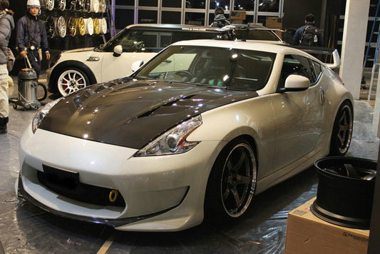 Nissan 370Z Sport Touring Base Fairlady Z Z34 Pre-Facelift 2009 2010 2011 & 370Z Sport Touring Base Fairlady Z Z34 Facelift 2012 2013 2014 2015 2016 2017 2018 2019 2020 & Nismo V1 2009 2010 2011 & Nismo V2 2012 2013 2014 2015 2016 2017 2018 2019 2020 with Aftermarket Parts - AM Style Hood Carbon Fiber / FRP from EPR USA