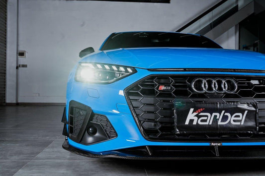 Audi S4 A4 S-line (with s-line bumper, does not fit base model) B9.5 2020 2021 2022 2023 2024 with Aftermarket Parts - Front Bumper Top Trim Pre-preg Carbon Fiber from Karbel Carbon