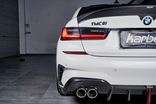 BMW 3 Series 330i (with M-package bumper, does not fit base model) M340i G20 G21 Pre-LCI 2019-2022 with Aftermarket Parts - Rear Bumper Canards Pre-preg Carbon Fiber from Karbel Carbon