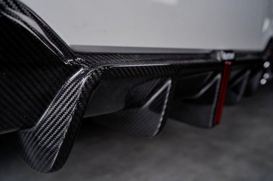 BMW 3 Series 330i (with M-package bumper, does not fit base model) M340i G20 G21 Pre-LCI 2019-2022 with Aftermarket Parts - Rear Diffuser & Canards Pre-preg Carbon Fiber from Karbel Carbon