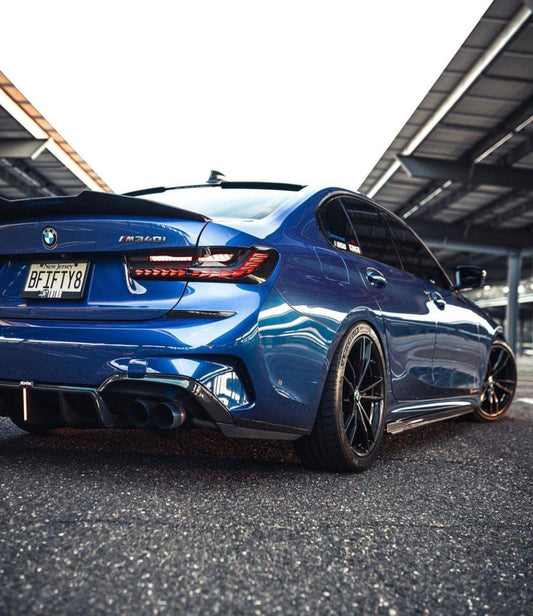 BMW 3 Series 330i (with M-package bumper, does not fit base model) M340i G20 G21 Pre-LCI 2019-2022 with Aftermarket Parts - Rear Diffuser & Canards Pre-preg Carbon Fiber from Karbel Carbon