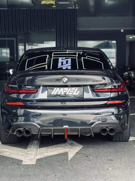 BMW 3 Series 330i (with M-package bumper, does not fit base model) M340i G20 G21 Pre-LCI 2019-2022 with Aftermarket Parts - Rear Diffuser & Canards Pre-preg Carbon Fiber from Karbel Carbon