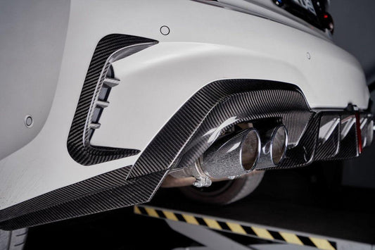 BMW 3 Series 330i (with M-package bumper, does not fit base model) M340i G20 G21 Pre-LCI 2019-2022 with Aftermarket Parts - Rear Diffuser & Canards Pre-preg Carbon Fiber from Karbel Carbon