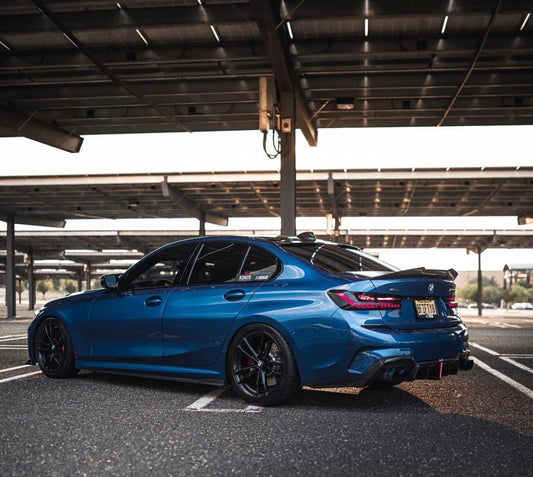 BMW 3 Series 330i (with M-package bumper, does not fit base model) M340i G20 G21 Pre-LCI 2019-2022 with Aftermarket Parts - Rear Diffuser & Canards Pre-preg Carbon Fiber from Karbel Carbon