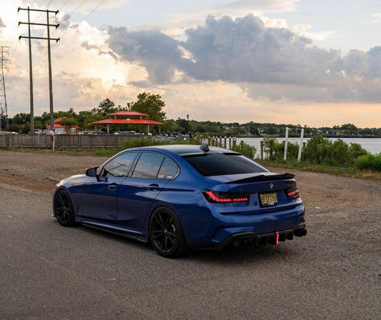 BMW 3 Series 330i (with M-package bumper, does not fit base model) M340i G20 G21 Pre-LCI 2019-2022 with Aftermarket Parts - Rear Diffuser & Canards Pre-preg Carbon Fiber from Karbel Carbon