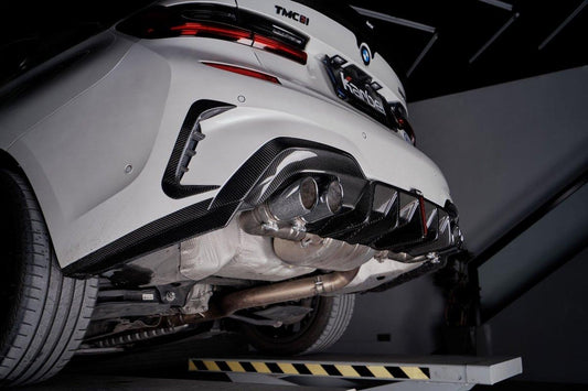 BMW 3 Series 330i (with M-package bumper, does not fit base model) M340i G20 G21 Pre-LCI 2019-2022 with Aftermarket Parts - Rear Diffuser & Canards Pre-preg Carbon Fiber from Karbel Carbon