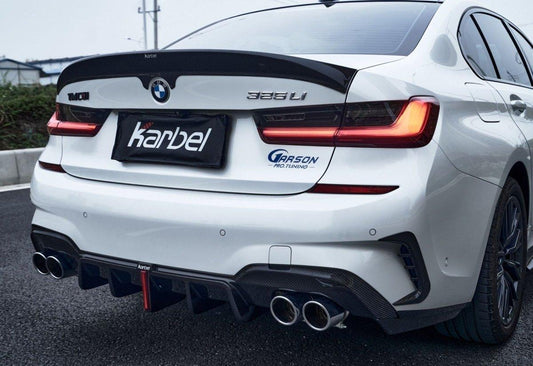 BMW 3 Series 330i (with M-package bumper, does not fit base model) M340i G20 G21 Pre-LCI 2019-2022 with Aftermarket Parts - Rear Diffuser & Canards Pre-preg Carbon Fiber from Karbel Carbon