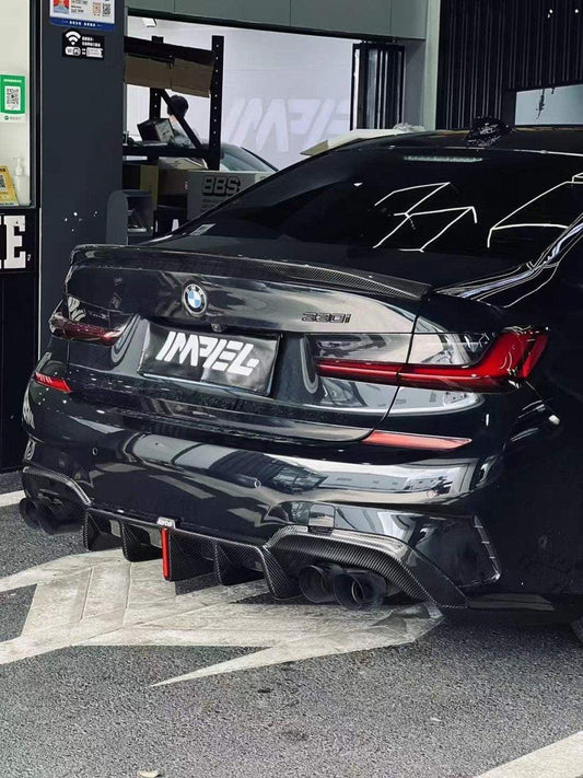 BMW 3 Series 330i (with M-package bumper, does not fit base model) M340i G20 G21 Pre-LCI 2019-2022 with Aftermarket Parts - Rear Diffuser & Canards Pre-preg Carbon Fiber from Karbel Carbon
