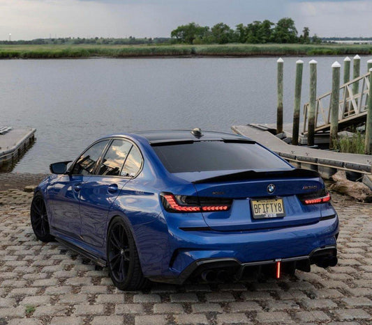 BMW 3 Series 330i (with M-package bumper, does not fit base model) M340i G20 G21 Pre-LCI 2019-2022 with Aftermarket Parts - Rear Diffuser & Canards Pre-preg Carbon Fiber from Karbel Carbon