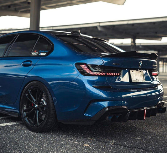 BMW 3 Series 330i (with M-package bumper, does not fit base model) M340i G20 G21 Pre-LCI 2019-2022 with Aftermarket Parts - Rear Diffuser & Canards Pre-preg Carbon Fiber from Karbel Carbon