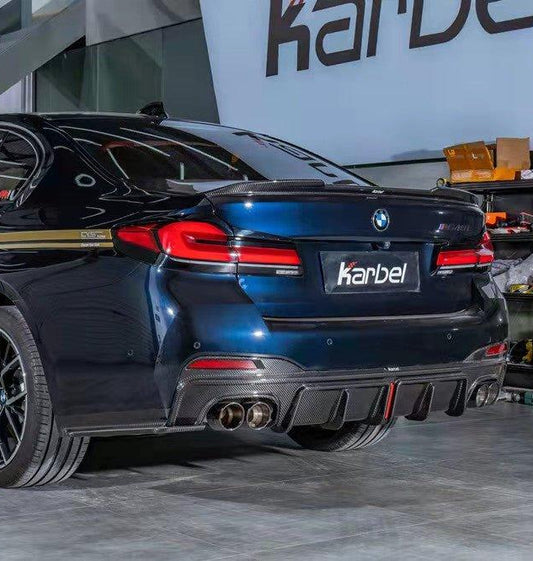 BMW 5 Series M550 540 530 (with M-package bumper, does not fit base model) G30 LCI 2021 2022 2023 2024 with Aftermarket Parts - Rear Diffuser & Canards Pre-preg Carbon Fiber from Karbel Carbon