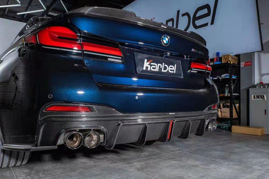 BMW 5 Series M550 540 530 (with M-package bumper, does not fit base model) G30 LCI 2021 2022 2023 2024 with Aftermarket Parts - Rear Diffuser & Canards Pre-preg Carbon Fiber from Karbel Carbon